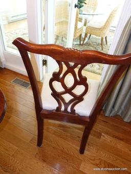 (DR) 6 MAHOGANY AND UPHOLSTERED SEAT DINING CHAIRS WITH SHELL CARVED CRESTS. ALL 6 ARE SIDE CHAIRS: