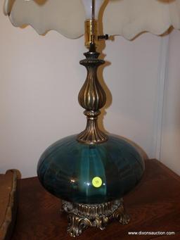 (BR3) BRASS AND BLUE GLASS LAMP WITH SHADE AND FINIAL: 15" X 37"