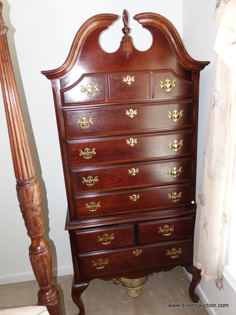 (BR2) VERY NICE HIGH BOY WITH BROKEN ARCH PEDIMENT TOP AND FINIAL. HAS BRASS CHIPPENDALE PULLS AND