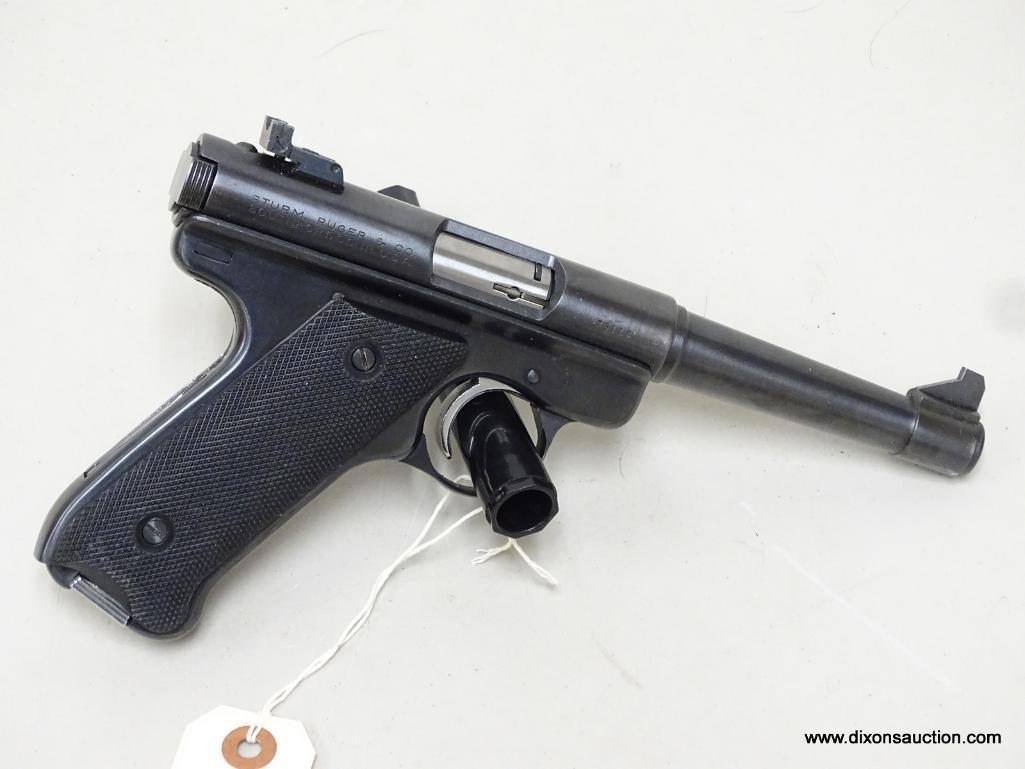 STURM RUGER MKI .22 CALIBER PISTOL WITH ADJUSTABLE REAR SIGHT, ORIGINAL BOX AND INSTRUCTIONS. S/N