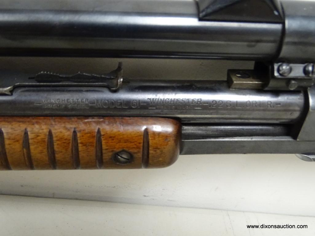 WINCHESTER MODEL 61 .22 CALIBER PUMP ACTION RIFLE WITH WEAVER V22 SCOPE AND SLING. SERIAL NUMBER