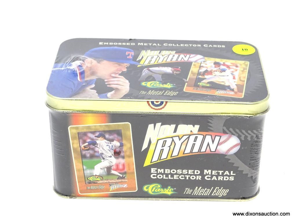 NOLAN RYAN TIN CARD SET. METAL TIN FILLED WITH EMBOSSED METAL COLLECTOR CARDS. STILL SHRINK-WRAPPED.