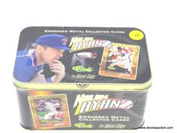 NOLAN RYAN TIN CARD SET. METAL TIN FILLED WITH EMBOSSED METAL COLLECTOR CARDS. STILL SHRINK-WRAPPED.