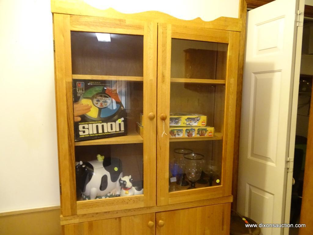 (HALL) LIGHT WOOD CUPBOARD/ CABINET; MAPLE CUPBOARD WITH TWO GLASS FRONT DOORS OVER TWO LOWER DOORS.