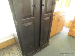 (SUN) WARDROBE; BLACK PAINTED WOOD CABINET WITH 2 FRONT PANELED DOORS AND ROUND WOODEN KNOBS.