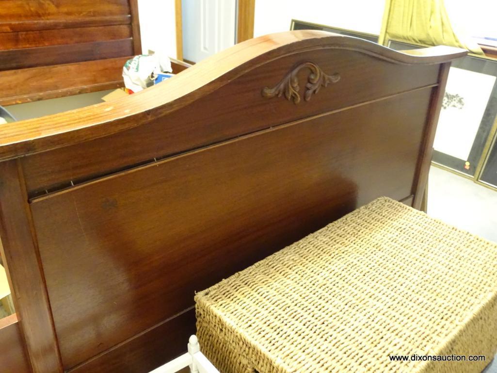 (MBR) ANTIQUE VICTORIAN MAHOGANY PANEL BED; QUEEN SIZED, HAS BEAUTIFUL ACANTHUS LEAF CARVED DETAIL,