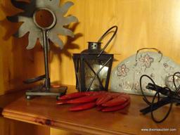 (LR) SHELF LOT; INCLUDES ASSORTED BLACK METAL DOLL STANDS, IRON SUN AND LANTERN CANDLE HOLDERS,