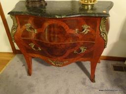 (LR) VICTORIAN MARBLE TOP BOMBE CHEST; CURVY AND ROMANTIC, THIS FRENCH BEAUTY IS PURE CLASS FROM TOP