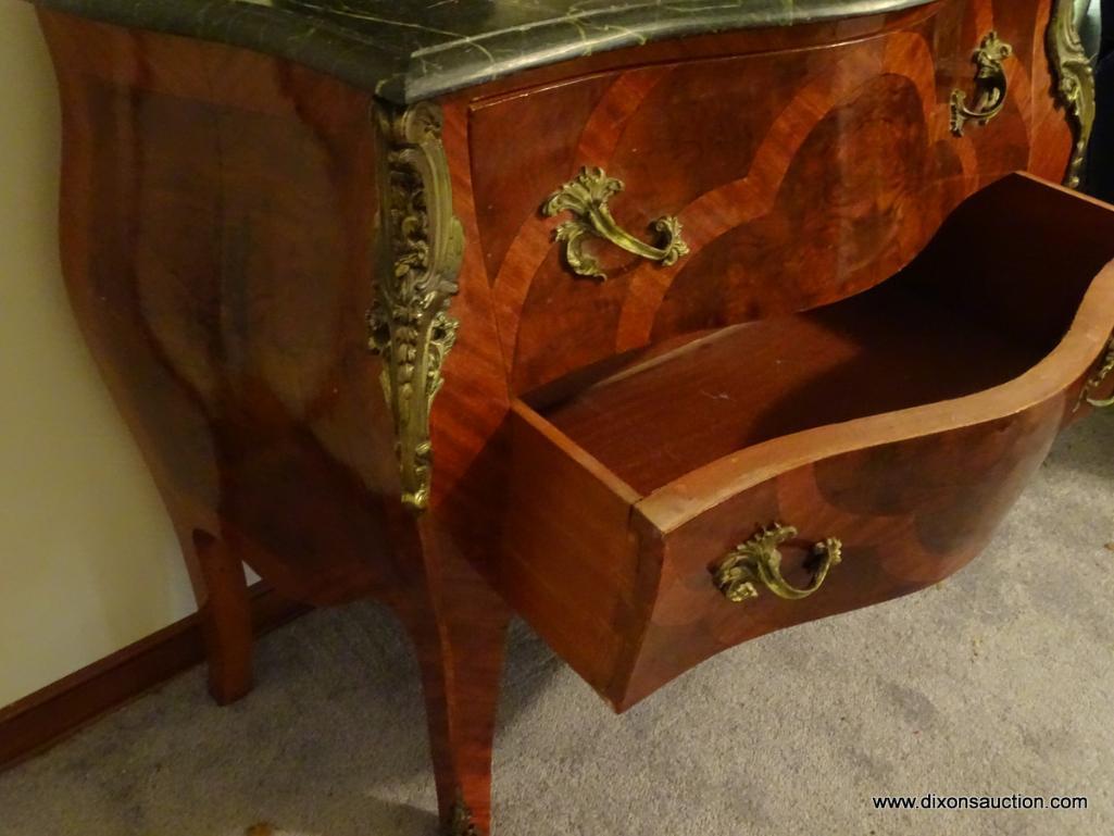 (LR) VICTORIAN MARBLE TOP BOMBE CHEST; CURVY AND ROMANTIC, THIS FRENCH BEAUTY IS PURE CLASS FROM TOP