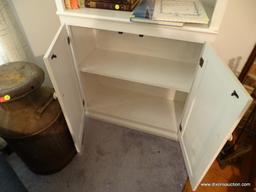 (LR) WHITE PAINTED BOOKCASE WITH LOWER CABINET; 3 ADJUSTABLE INTERIOR SHELVES REST ATOP A LOWER