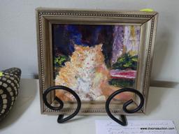 (HALL) SMALL OIL ON BOARD PAINTING OF CAT IN SILVER TONED FRAME-6.5" X6.5"H