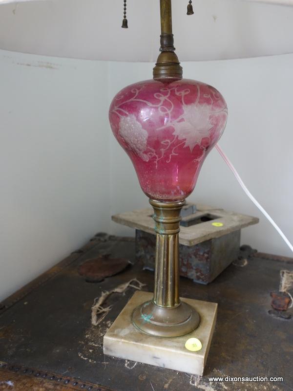 (LR)ANTIQUE CRANBERRY ETCHED, MARBLE AND BRASS LAMP WITH SHADE AND FINIAL-30"H