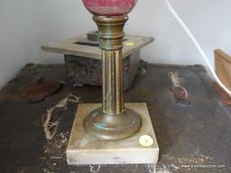 (LR)ANTIQUE CRANBERRY ETCHED, MARBLE AND BRASS LAMP WITH SHADE AND FINIAL-30"H
