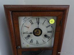 (LR) ANTIQUE MAHOGANY MANTEL CLOCK WITH REVERSE PAINTED GLASS-HAS PENDULUM- NO KEY-10"W X 5"L X 14"H