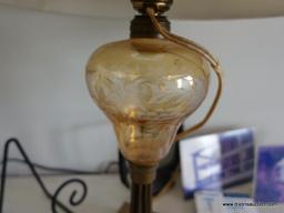 (LR) ANTIQUE AMBER ETCHED GLASS, BRASS AND MARBLE LAMP WITH SHADE AND FINIAL-22"H