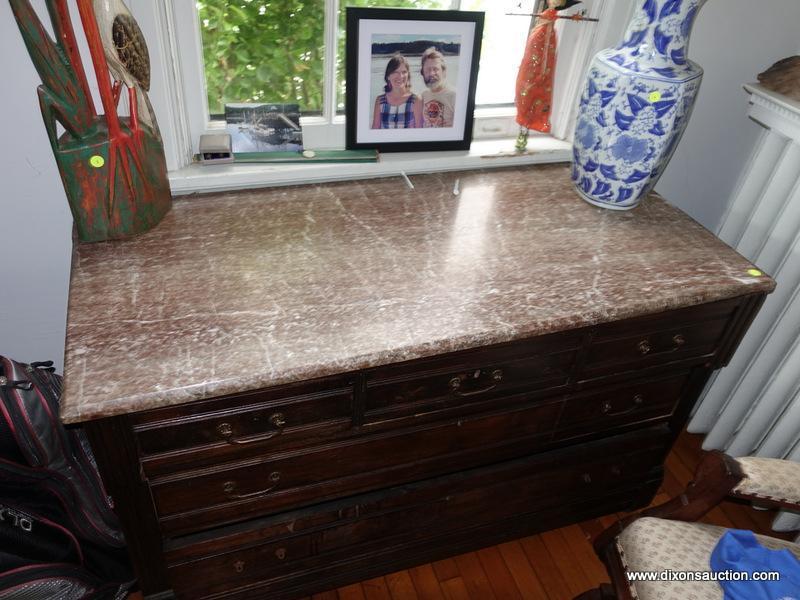 h (HALL) ANTIQUE VICTORIAN WALNUT MARBLE TOP DRESSER- BROWN TENNESSEE MARBLE, 3 OVER 2 DOVETAIL