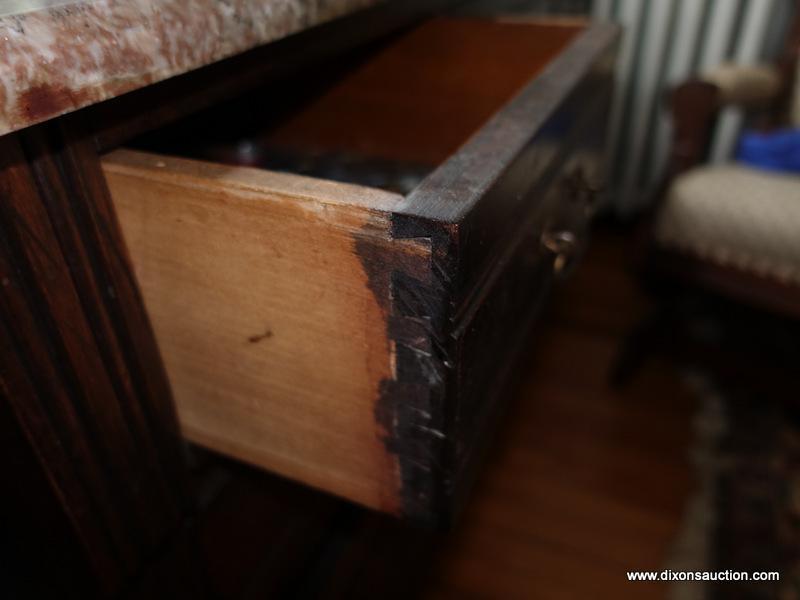 h (HALL) ANTIQUE VICTORIAN WALNUT MARBLE TOP DRESSER- BROWN TENNESSEE MARBLE, 3 OVER 2 DOVETAIL