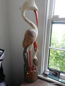 (HALL) CARVED WOOD AND PAINTED CRANE STATUE (HAS BEEN REPAIRED)-39"H.