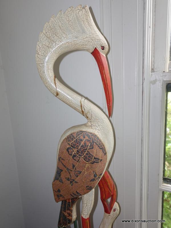 (HALL) CARVED WOOD AND PAINTED CRANE STATUE (HAS BEEN REPAIRED)-39"H.
