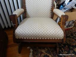 (HALL) ANTIQUE WALNUT VICTORIAN PLATFORM ROCKER- FLORAL UPHOLSTERY- REFINISHED AND READY FOR THE