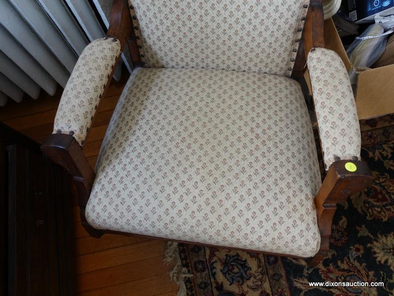 (HALL) ANTIQUE WALNUT VICTORIAN PLATFORM ROCKER- FLORAL UPHOLSTERY- REFINISHED AND READY FOR THE