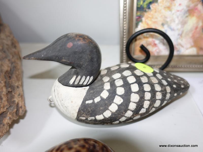 (HALL) CARVED WOOD MINIATURE LOON DECOY ( MARKED-BBD) -5"L X 4"H AND INCLUDES COWRY SHELL-