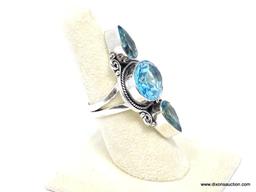 .925 STERLING SILVER GORGEOUS LARGE FACETED DETAILED DESIGNER RING, SIZE 6.5, RETAIL $59.00
