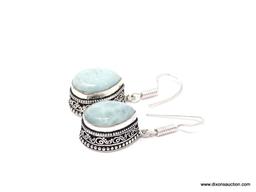 .925 STERLING SILVER 1 2/8" AMAZING TOP QUALITY DETAILED PEAR SHAPE CARIBBEAN LARIMAR EARRINGS,