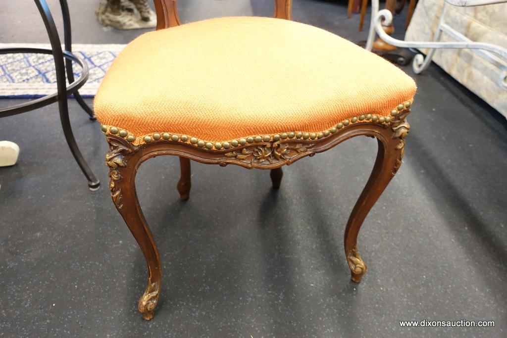 (R1) ANTIQUE UPHOLSTERED FRENCH SIDE CHAIR; BRIGHT ORANGE RIVETED UPHOLSTERY, ROUND BACK WITH CARVED