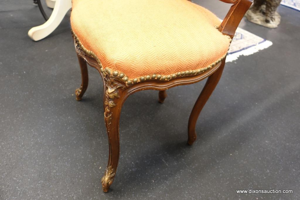 (R1) ANTIQUE UPHOLSTERED FRENCH SIDE CHAIR; BRIGHT ORANGE RIVETED UPHOLSTERY, ROUND BACK WITH CARVED