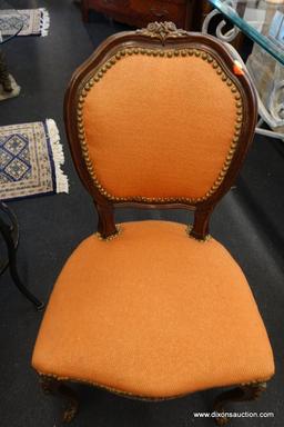 (R1) ANTIQUE UPHOLSTERED FRENCH SIDE CHAIR; BRIGHT ORANGE RIVETED UPHOLSTERY, ROUND BACK WITH CARVED