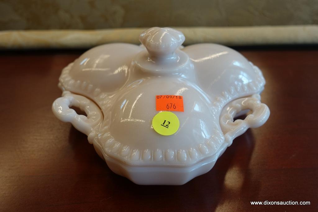 (WIN) SMALL VINTAGE PINK MILK GLASS 3-SECTION DISH WITH LID; SCALLOPED EDGING WITH 3 DELICATE