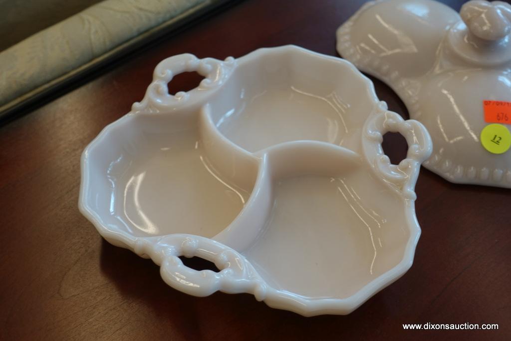 (WIN) SMALL VINTAGE PINK MILK GLASS 3-SECTION DISH WITH LID; SCALLOPED EDGING WITH 3 DELICATE