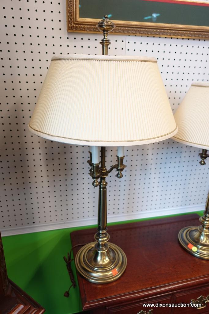 (R1) VINTAGE TABLE LAMPS; EACH HAS 3 CANDLESTICK-STYLE POSTS, BRASS FINIAL AND BASE, A YELLOW-BEIGE