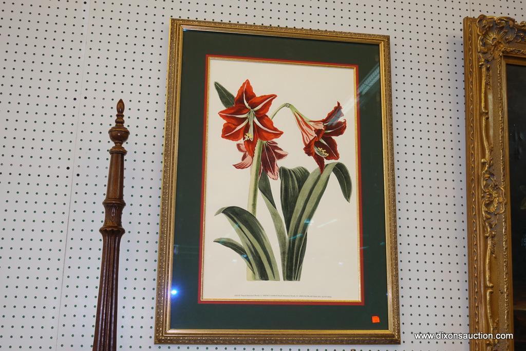 (WALL) PAIR OF FLORAL FRAMED/MATTED PRINTS; DOUBLE MATTED (GREEN WITH RED) PRINTS BY JOHN ROBERTSON,