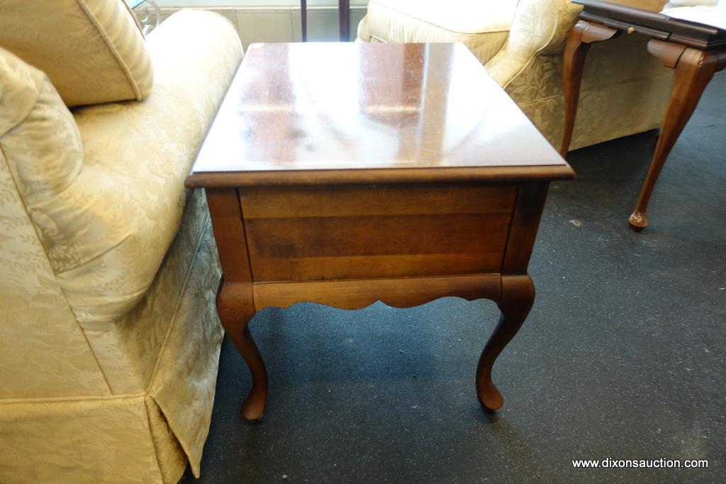 (WIN) HAMMARY QUEEN ANNE END TABLE; 2 DRAWER, SOLID CHERRY TABLES WITH A BRASS BATWING PULL PER