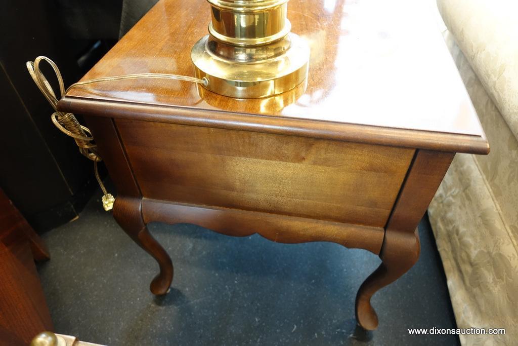 (WIN) HAMMARY QUEEN ANNE END TABLE; 2 DRAWER, SOLID CHERRY TABLES WITH A BRASS BATWING PULL PER