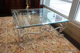 (WIN) SQUARE GLASS TOP COFFEE TABLE; SCROLLING WROUGHT IRON LEGS WITH A WHITE FINISH, BEVELED EDGES