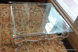 (WIN) SQUARE GLASS TOP COFFEE TABLE; SCROLLING WROUGHT IRON LEGS WITH A WHITE FINISH, BEVELED EDGES
