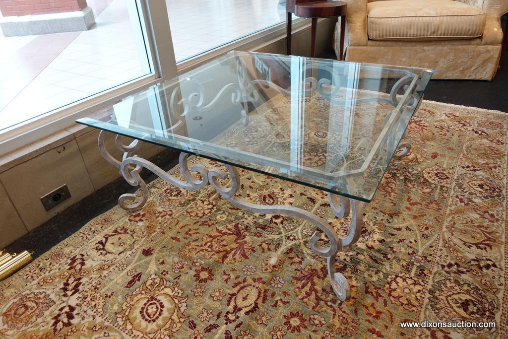 (WIN) SQUARE GLASS TOP COFFEE TABLE; SCROLLING WROUGHT IRON LEGS WITH A WHITE FINISH, BEVELED EDGES