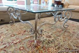 (WIN) SQUARE GLASS TOP COFFEE TABLE; SCROLLING WROUGHT IRON LEGS WITH A WHITE FINISH, BEVELED EDGES