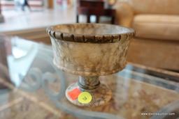 (WIN) HAND-CARVED GREY/TAN/WHITE ALABASTER FOOTED BOWL; ROUND BOWL WITH RIDGED UPPER EDGE, MEASURES