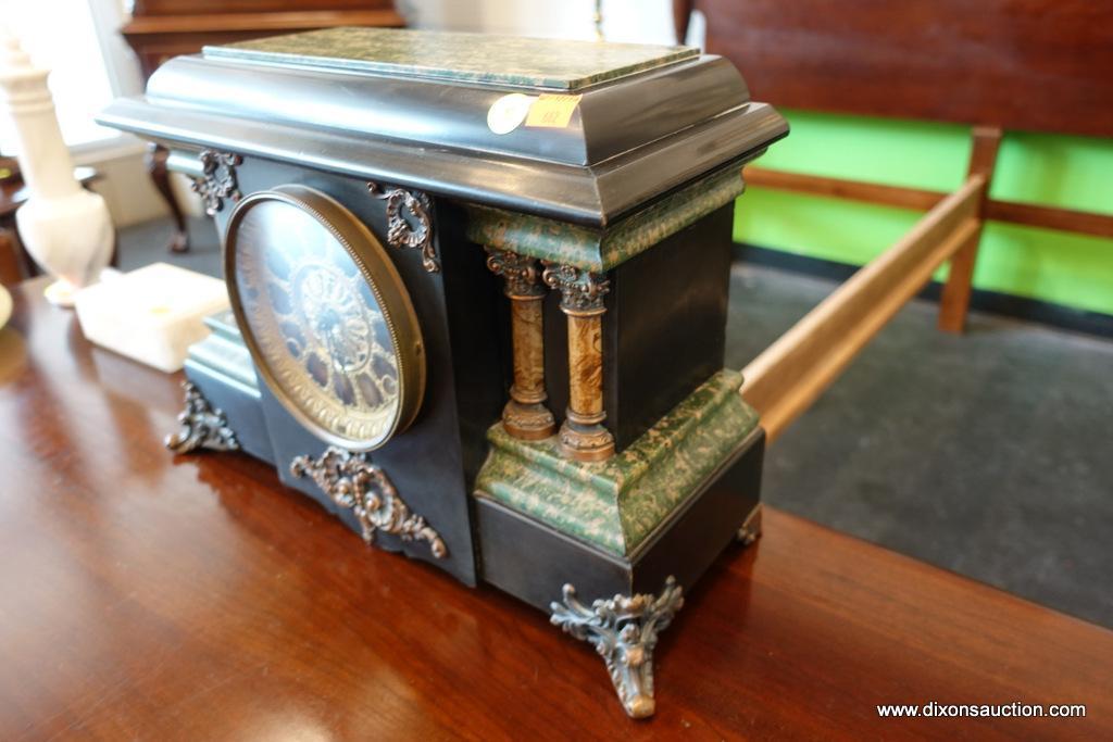 (R1) ANTIQUE SETH THOMAS ADAMANTINE MANTEL CLOCK; 2 COLUMNS ON EACH SIDE OF THE GLASS FACE WHICH