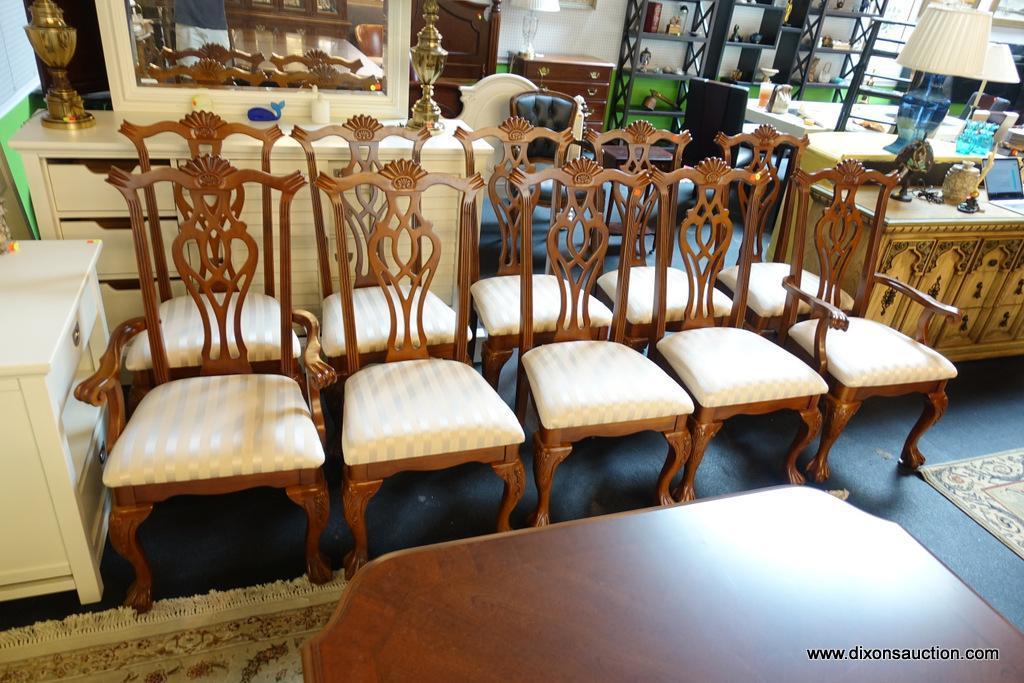 (R1) CHIPPENDALE DINING ROOM CHAIRS; 2 ARMCHAIRS AND 8 SIDE CHAIRS, BEAUTIFULLY UPHOLSTERED IN A