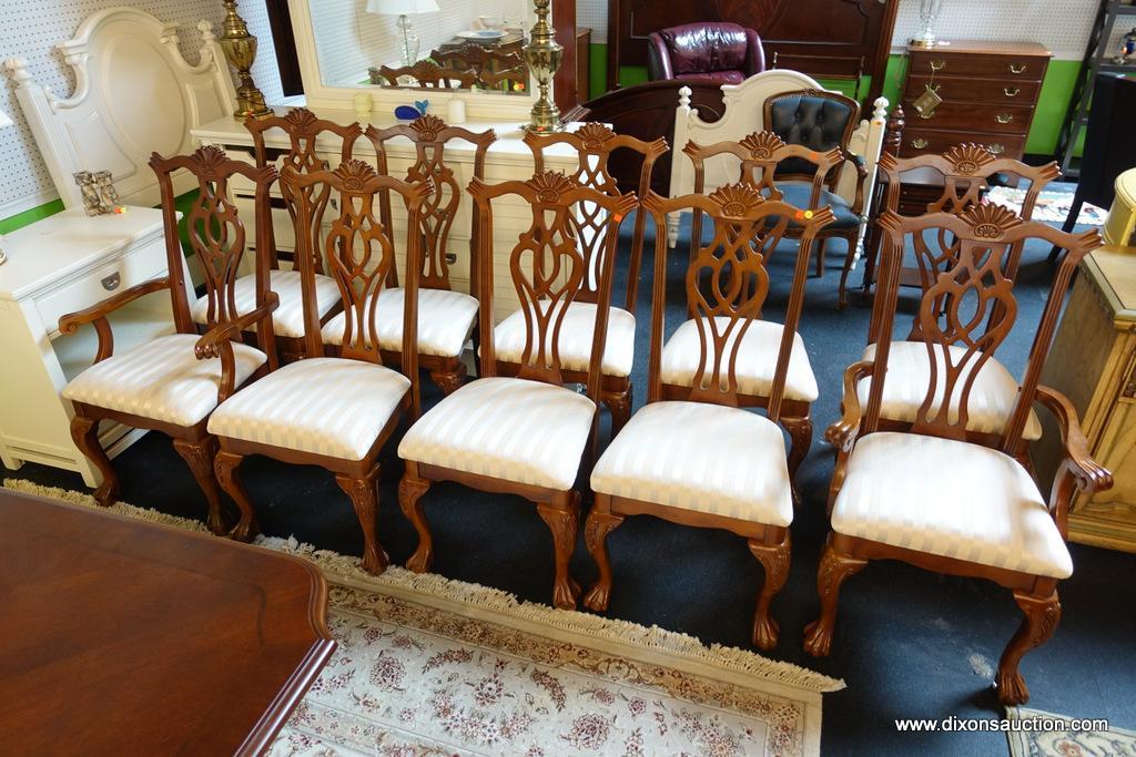 (R1) CHIPPENDALE DINING ROOM CHAIRS; 2 ARMCHAIRS AND 8 SIDE CHAIRS, BEAUTIFULLY UPHOLSTERED IN A