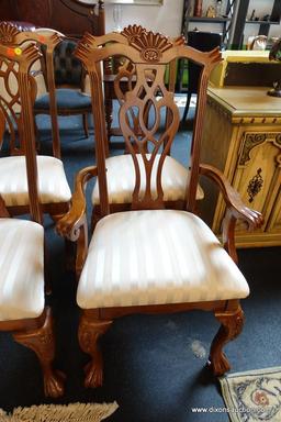 (R1) CHIPPENDALE DINING ROOM CHAIRS; 2 ARMCHAIRS AND 8 SIDE CHAIRS, BEAUTIFULLY UPHOLSTERED IN A