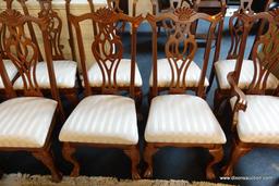 (R1) CHIPPENDALE DINING ROOM CHAIRS; 2 ARMCHAIRS AND 8 SIDE CHAIRS, BEAUTIFULLY UPHOLSTERED IN A