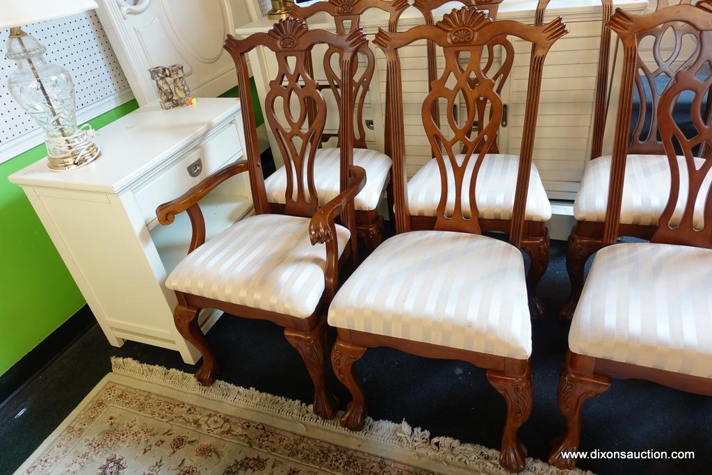 (R1) CHIPPENDALE DINING ROOM CHAIRS; 2 ARMCHAIRS AND 8 SIDE CHAIRS, BEAUTIFULLY UPHOLSTERED IN A