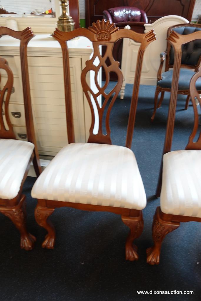 (R1) CHIPPENDALE DINING ROOM CHAIRS; 2 ARMCHAIRS AND 8 SIDE CHAIRS, BEAUTIFULLY UPHOLSTERED IN A