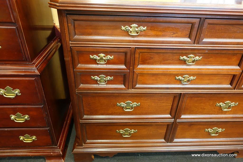 (R1) CHERRY DRESSER BY BASSETT; 9 TOTAL DRAWERS (2/3/2/2) WITH PANELED FRONTS AND BRASS BATWING PULL